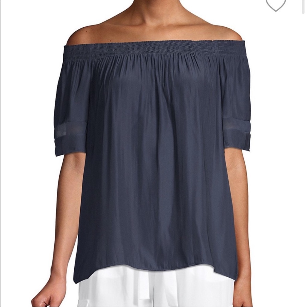 Ramy Brook Womens Top Jessica Blue Off Shoulder Elastic Smocked Flare Sleeve M